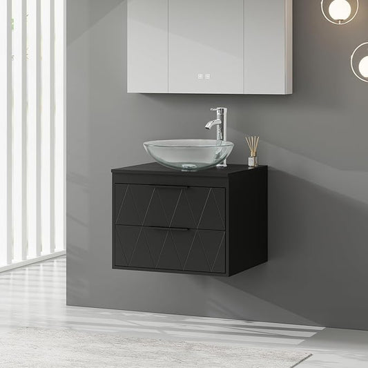 eclife 24" Floating Bathroom Vanities with Sink Combo, Wall Mounted Modern Cabinet W/Diamond Line Pattern Design, Clear Round Glass Vessel Sink W/Water Save Faucet & Pop Up Drain, Black