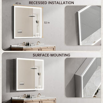 40"x32" Medicine Cabinet Mirror, LED Lighted Medicine Cabinet with Electrical Outlet＆USB, Anti-Fog, 3 Colors Temperature Stepless Dimmable, Aluminum Cabinet for Storage and Mordern Decor