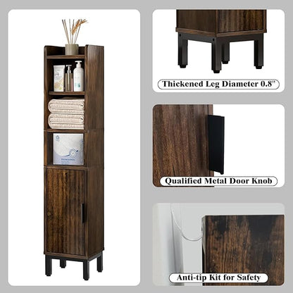 Narrow Bathroom Storage Cabinet, Corner Toilet Paper Floor Cabinet 5 Tiers with Door and Shelves,Bathroom Organizer with Adjustable Shelf, for Small Spaces(Rustic Brown)