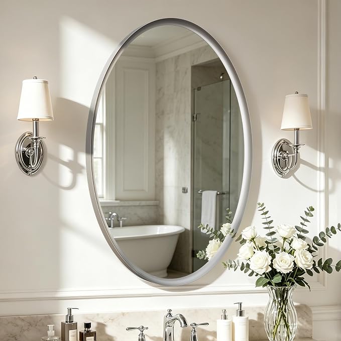 Brushed Nickel Oval Bathroom Mirror 20x28 Inch | Silver Vanity Mirror, Crystal-Clear HD Glass, Rust-Proof Aluminum Frame, Inner-Curved Decor for Bedroom, Entryway Renovation