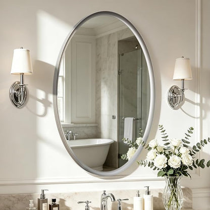 Brushed Nickel Oval Bathroom Mirror 20x28 Inch | Silver Vanity Mirror, Crystal-Clear HD Glass, Rust-Proof Aluminum Frame, Inner-Curved Decor for Bedroom, Entryway Renovation