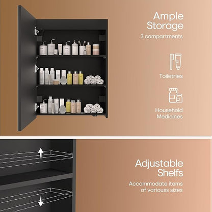 32x24inch LED Medicine CabinetMirror with Lights for Bathroom,Defogger,Stepless Dimmable,3000K/5500K ColorTemperature Wall Mounted MakeupMirror,AdjustableShelf (Assembly Required), Black