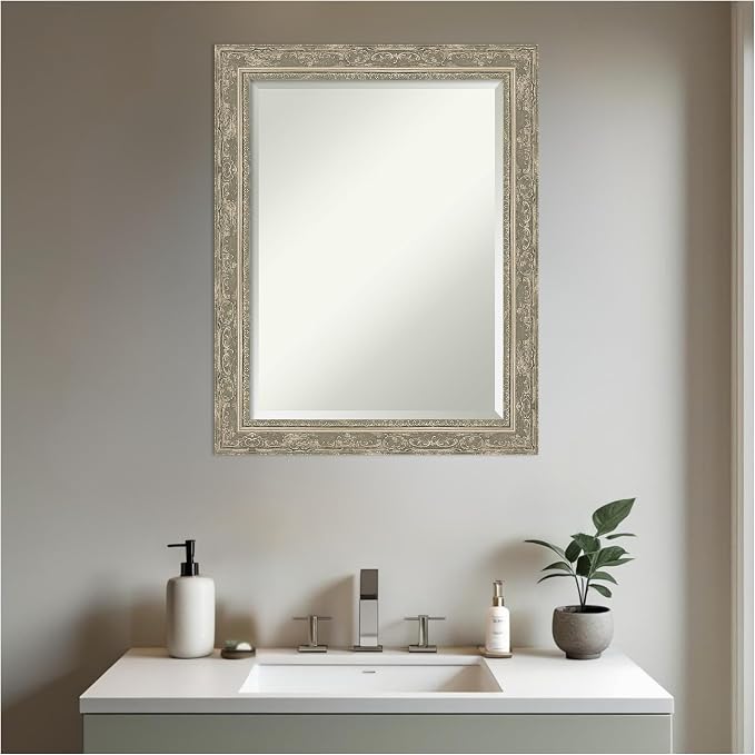 Amanti Art Silver Bathroom Mirror for Over Sink, 28x22 Filigree Silver Rectangle Vanity Mirror, Medium Traditional Frame, Hangs Horizonally and Vertically, Bathroom Wall Decor, Beveled Edge