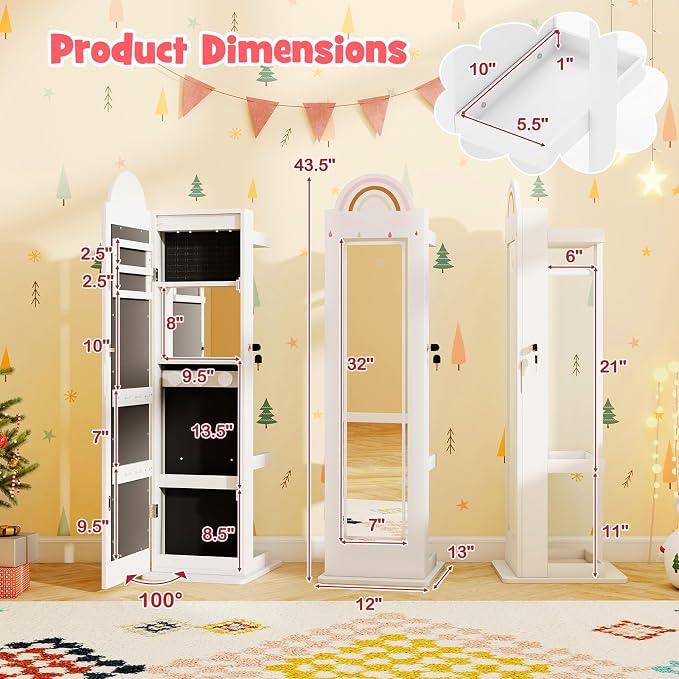 HONEY JOY Kids Jewelry Cabinet with LED Lights, Rainbow Standing Jewelry Armoire w/Full-Length Mirror & Makeup Mirror, Ring Slot, Lockable Princess Jewelry Organizer Storage for Toddler Girls(White)