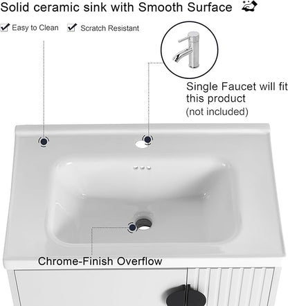 Malwee 28" Floating Bathroom Vanity with Sink, 28 Inch Single Sink Wall Mounted Bathroom Vanity, with 2 Doors and White Ceramic Basin Top, White Cabinet Set with 3 Color Handles(081-28)