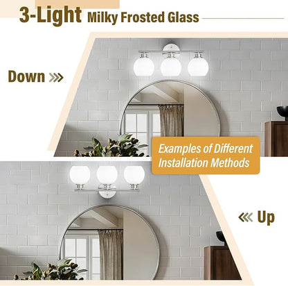 Brushed Nickel Bathroom Light Fixtures, 3-Light Vanity Light Over Mirror | Modern Bathroom Lighting Over Mirror, Wall Sconces, Milky White Globe Glass Shades, E26 Socket,ETL Listed