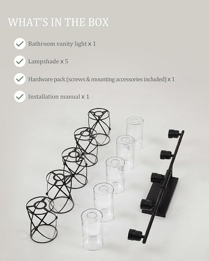 5-Light Matte Black Bathroom Light Fixtures Over Mirror, 38" UL-Listed Modern Wall Sconce Lights with Clear Glass and Metal Cage for Bath, Hardwire E26, CH9176BK-5W