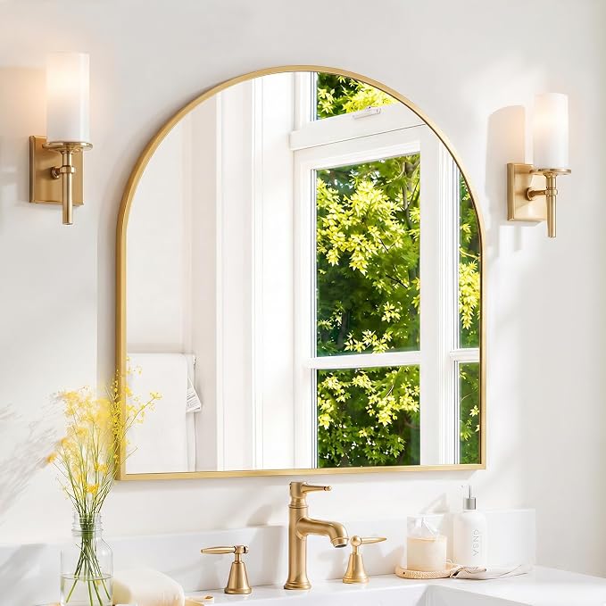 Arched Wall Mirror 32x31 Inch Gold Bathroom Vanity Mirror with Metal Frame | Modern Arch Mirror for Bedroom, Living Room, Entryway, Wall Mounted Decorative Mirror