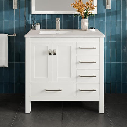 Eviva London 38 in. White Single Sink Bath Vanity with Carrara Quartz Top and Undermount Porcelain Sink