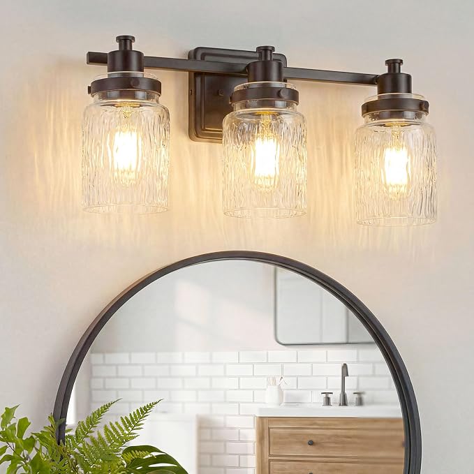 3 Light Bathroom Light Fixtures Farmhouse Black Vanity Lights | ETL Certificate, Easy to Install,Wall Mount Up or Down,Hammered Glass Lampshade,E26 Socket,Hardwired,120V