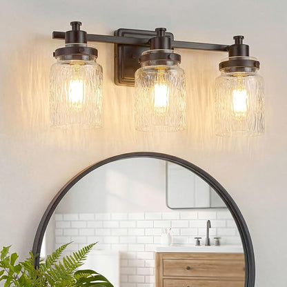 3 Light Bathroom Light Fixtures Farmhouse Black Vanity Lights | ETL Certificate, Easy to Install,Wall Mount Up or Down,Hammered Glass Lampshade,E26 Socket,Hardwired,120V