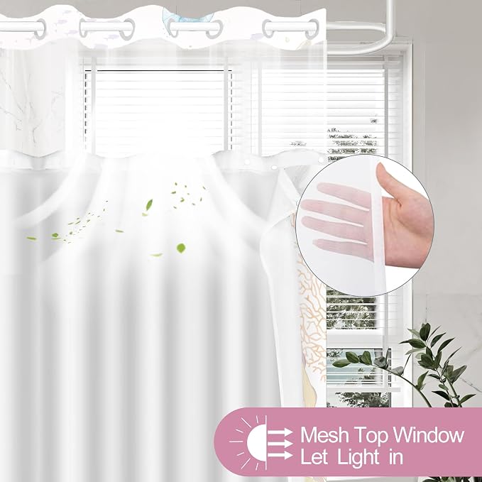 No Hook Shower Curtain and Liner Set, Watercolor Pink Beach Coastal 71x74 | Nautical Ocean for Bathroom, with Snap in Liner Replacement, Mesh Top Window, Waterproof, Machine Washable, Quick-Drying