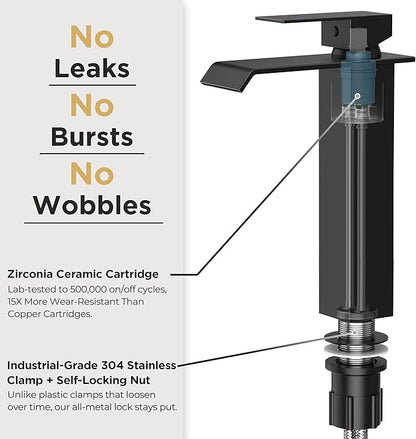 Forious Matte Black Vessel Bathroom Sink Faucets 1 Hole, Tall Waterfall Bathroom Faucet Single Handle with Pop Up Drain and Supply Lines, Deck Mount