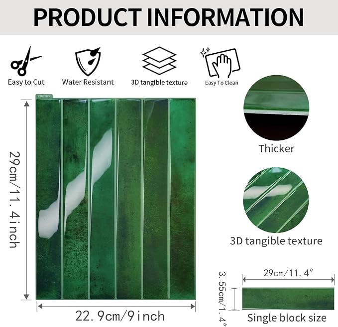 Renter Friendly Backsplash Tile Stickers for Kitchen Bathroom RV Easy Deco Just Peel Stick, Removable Emerald Green Tile Backsplash 10 Sheet 9 * 11.4 inch with Glossy and Thick Design