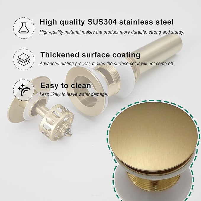 VOTON Bathroom Vessel Sink Pop Up Drain Without Overflow Assembly, Lavatory Vanity Sink Drain Stopper, Anti-Clogging Drain Strainer, Brushed Gold