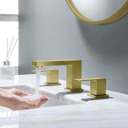 2-Handle Cube Bathroom Sink Faucet with Drain Assembly | 3-Hole Installation, Solid Brass Construction | 8-Inch Wide Spread Lavatory Faucet | Brushed Gold Finish, KBF1024