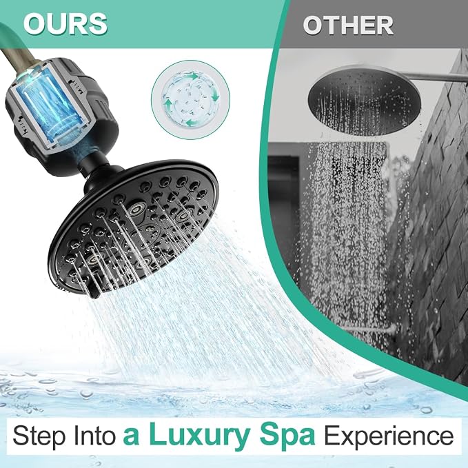 Cobbe 6-Setting High Pressure Filtered Shower Head Combo, Detachable Rain Shower Head with 20 Stage Shower Head Filter for Hard Water - Remove Chlorine and Harmful Substances, Black | Rain Showerheads with 20 Stage Water Softener for Healthier Skin & H...