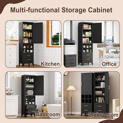 Tall Metal Narrow Storage Cabinet 67" H with 2 Drawer,Black Kitchen Pantry Cabinets with 2 Adjustable Shelves and Door,Cuby Storage Orgainzer,Tall Bathroom Cabinet for Kitchen, Home Office,Dining Room