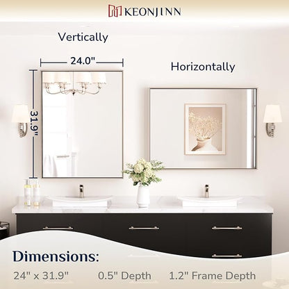 Keonjinn 24x32 Inch Nickel Bathroom Mirror for Over Sink, Aluminum Alloy | HD Tempered Glass, Vanity Mirror, Brushed Framed, Square Corner, Modern Farmhouse, Wall Mounted Mirrors, Rectangular
