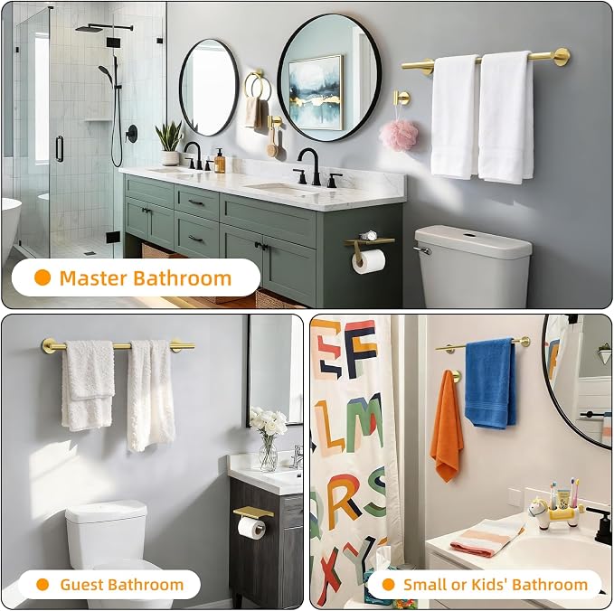 Gold 5-Piece Bathroom Hardware Set, 23.6 Inch Towel Bar Set SUS304 Stainless Steel Towel Racks for Bathroom Round Towel Bar, Towel Ring, Toilet Paper Holder, 2 Robe Hooks, Wall Mounted