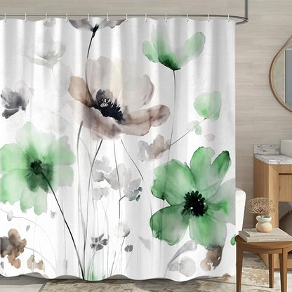 Sanzugh Boho Floral Shower Curtain, Cream Tan Beige Green Grey White Flower Farmhouse Fabric Shower Curtains Set for Bathroom Decorative with Hooks 72 X 72 inch Spring Bath Decor