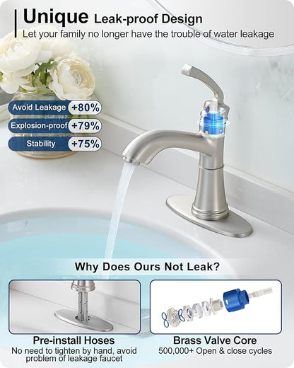 Brushed Nickel Bathroom Faucet Single Handle, Brass Bathroom Vanity Faucet 4 Inch Bathroom Sink Faucet 1 Hole or 3 Holes, Bathroom Faucets with Deck Plate & Pop-up Drain, No Noise