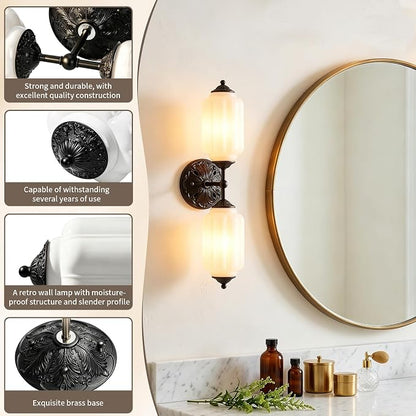 Vintage Milk Glass Bathroom Vanity Light, 2-Light Wall Sconce with Black Antique Base & E12 Bulbs Included, Adjustable 3-Color Temperature for Bedroom, Living Room, Kitchen