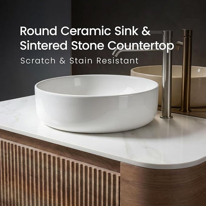 36" Preassembled Floating Bathroom Vanity with Round Sink, Oak | Mid-Century Modern Style, Fluted & Soft-Close Drawer with U-shaped Wall, Sinterted Stone Countertop, Towel Rack Included