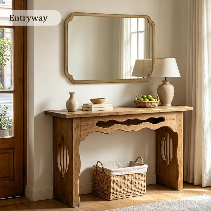 30" x 48" Wood Bathroom Mirror for Wall Mounted, Rustic Rounded Corner Vanity Mirror for Entryway, Living Room or Bedroom Home Decorative [30" x 48" Natural Color]