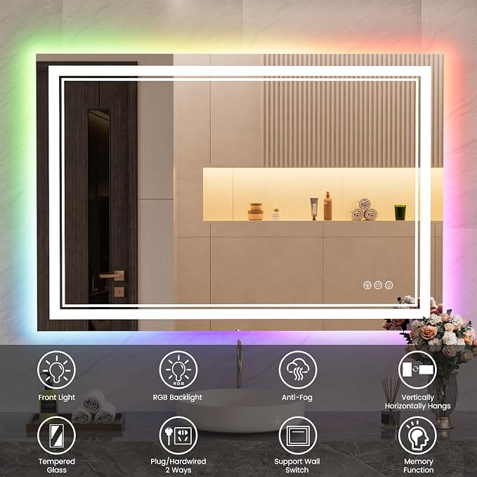 48x28 Inch RGB LED Bathroom Mirror with Lights | Front and RGB Backlit, Dimmable, Memory, Anti Fog, Shatterproof, Horizontal/Vertical, Lighted Mirrors for Bathroom Wall