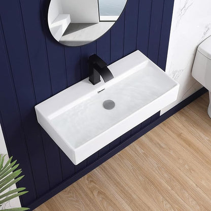 Wall Mount Bathroom Sink 28"x14" Small Vessel Sink Wall Mounted Rectangular Wall Hung Mini White Porcelain Ceramic Floating Tiny Sink with Overflow, Durable, Space-Saving, Ideal for Home,RV