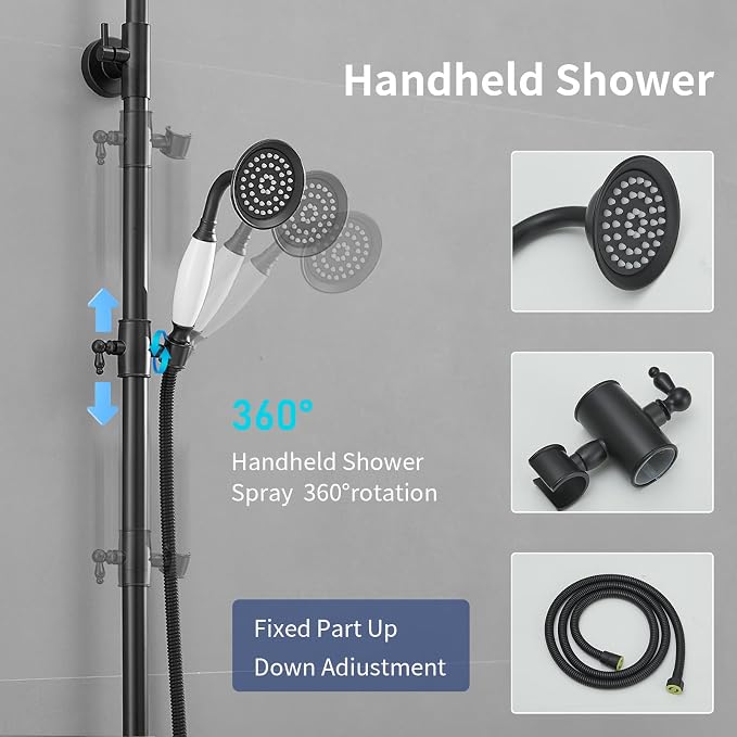 Outdoor Shower Features, Exposed Shower System Wall Mounted | 8 Inch Rain Shower Head Sprayers,Handheld Shower Head & Tub Spout,Solid Brass,Dual Handle,High Pressure,Matte Black