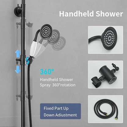 Outdoor Shower Features, Exposed Shower System Wall Mounted | 8 Inch Rain Shower Head Sprayers,Handheld Shower Head & Tub Spout,Solid Brass,Dual Handle,High Pressure,Matte Black
