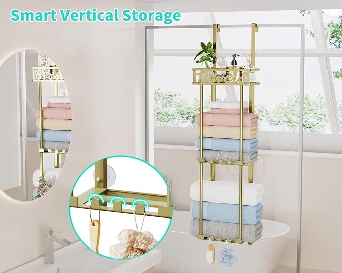 HapiRm Towel Rack Bathroom Storage - 3 Tier Over The Door & Wall Mounted Rolled Towel Racks Holder Organizer with Metal Shelf and 6 Hooks for Small Bathroom, Camper, Rv - Gold
