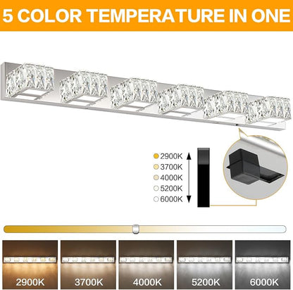 6 Lights Bathroom Vanity Light - LED Bathroom Lights Over Mirror 5CCT Dimmable - Modern Crystal Chrome Vanity Wall Light