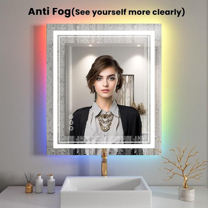 28x32 Inch RGB LED Bathroom Mirror with Lights | Front and RGB Backlit, Dimmable, Memory, Anti Fog, Shatterproof, Horizontal/Vertical, Lighted Mirrors for Bathroom Wall