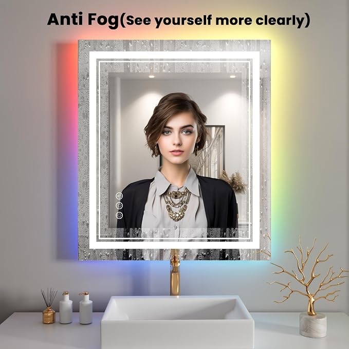 32x36 Inch RGB LED Bathroom Mirror with Lights | Front and RGB Backlit, Dimmable, Memory, Anti Fog, Shatterproof, Horizontal/Vertical, Lighted Mirrors for Bathroom Wall