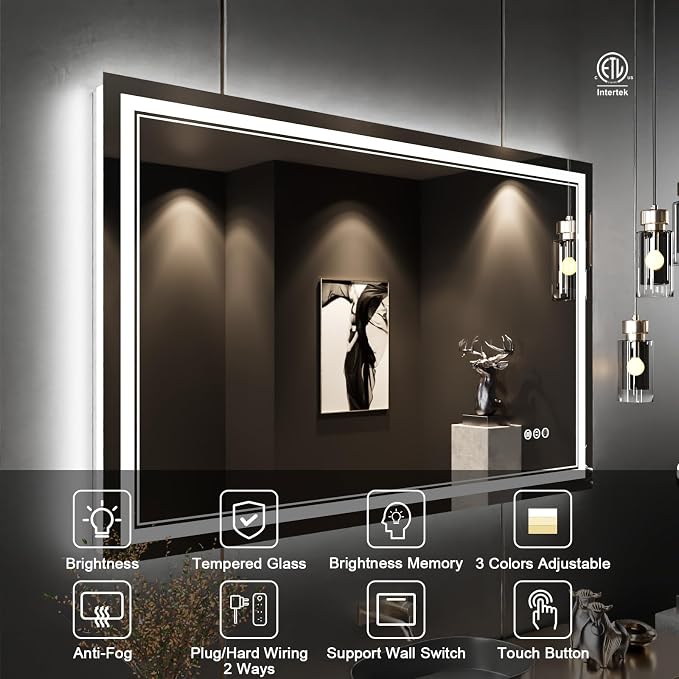 48x30 Inch LED Bathroom Mirror with Lights | Front and Backlit, 3 Colors, Dimmable, Memory, Anti Fog, Shatterproof, Horizontal/Vertical, Lighted Mirrors for Bathroom Wall
