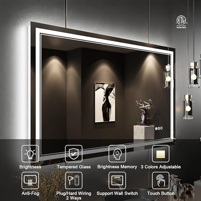 48x30 Inch LED Bathroom Mirror with Lights | Front and Backlit, 3 Colors, Dimmable, Memory, Anti Fog, Shatterproof, Horizontal/Vertical, Lighted Mirrors for Bathroom Wall