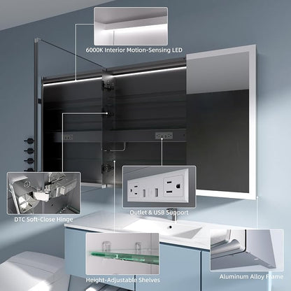 LED Medicine Cabinet 24x30 Anti-Fog Mirror Dimmable Recessed Mount | 3 Color Dimmable LED. Time Temp Display. Anti-Fog IP44. 2 Outlets+2 USB. Plug-in/Hardwired. Recessed/Wall Mount.