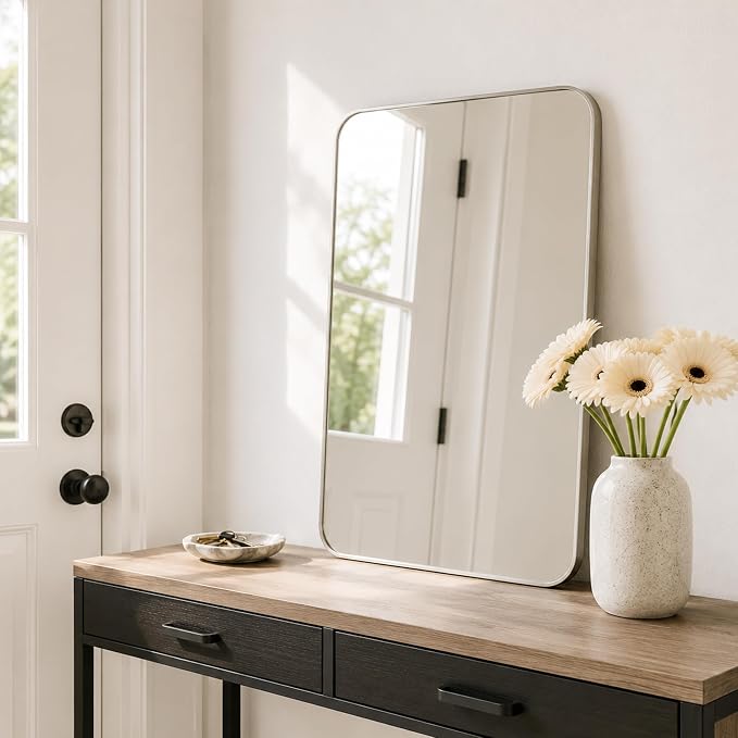 2-Pack 24x30 Inch Brushed Nickel Rounded Rectangle Vanity Mirrors | Double Vanity or Two Bathrooms, Pair or Separate Use, Aluminum Frame, Slim Front Profile, Two-Way Mount