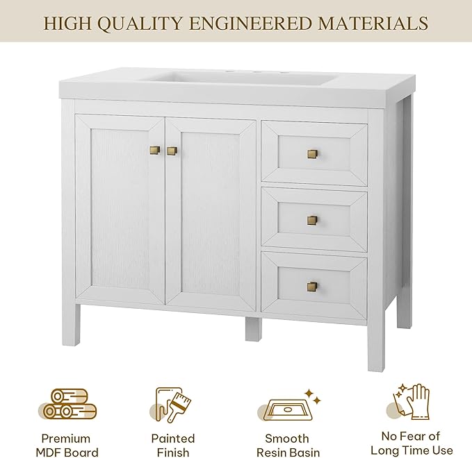 DWVO 42 Inch Bathroom Vanity with Sink, Modern Bathroom Storage Cabinet with Resin Basin, Three Holes, 2 Doors & 3 Drawers