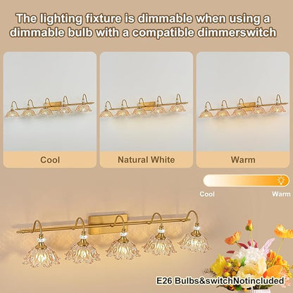 Vintage Bathroom Vanity Light, 5-Light Matte Brass Finish Vanity Light with Floral Amber Glass Shades, Retro Wall Mount Lighting for Bathroom, Living Room