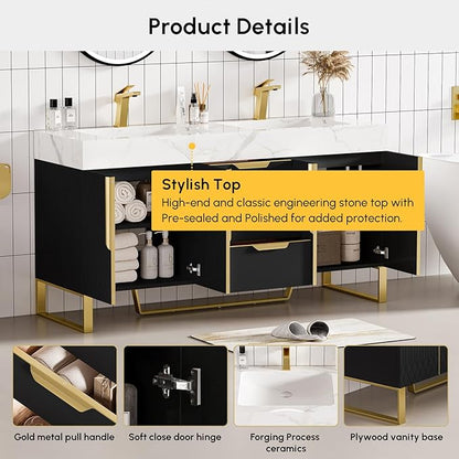 homary 60" Freestanding Bathroom Vanity Set with Double Sink, Modern Bathroom Sink Cabinet Storage Cabinet with Sintered Stone Countertop and Ample Storage, Black