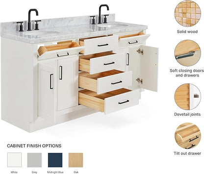 ARIEL Hepburn 66-inch Bathroom Vanity with Sink,Solid Wood, 1.5-inch Italian Carrara Marble Countertop & Backsplash, Double Oval Porcelain Sink, 4 Soft Closing Doors, 6 Dovetail Drawers, White