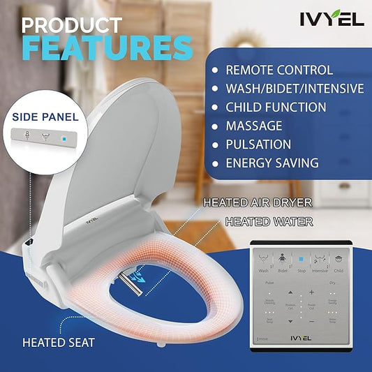 J-2R Smart Electric Bidet for Toilet Seat,Fits Round toilet,Warm water,Heated bidet toilet seat,Remote Control,Heated Dryer, hild Function,Stainless Steel Self-Cleaning Nozzle,LED Night Light