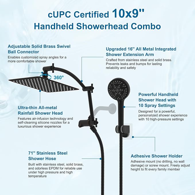 Hibbent Metal 10" High Pressure Rain Shower Head Combo, Oil-Rubbed Bronze | cUPC Certified Rainfall Shower Head with handheld 10 Sprays, 16'' Adjustable Extension Arm, 71'' Hose, Showerhead Holder