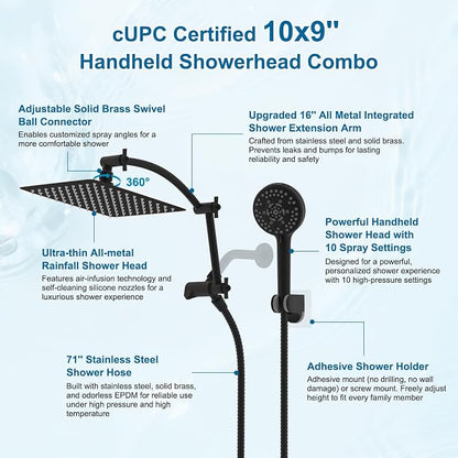 Hibbent Metal 10" High Pressure Rain Shower Head Combo, Oil-Rubbed Bronze | cUPC Certified Rainfall Shower Head with handheld 10 Sprays, 16'' Adjustable Extension Arm, 71'' Hose, Showerhead Holder