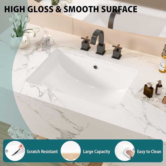 White Ceramic 22"x15" Undermount Bathroom Lavatory Sink | Rectangle under counter white bathroom vessel vanity sink for bathroom