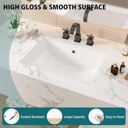White Ceramic 22"x15" Undermount Bathroom Lavatory Sink | Rectangle under counter white bathroom vessel vanity sink for bathroom